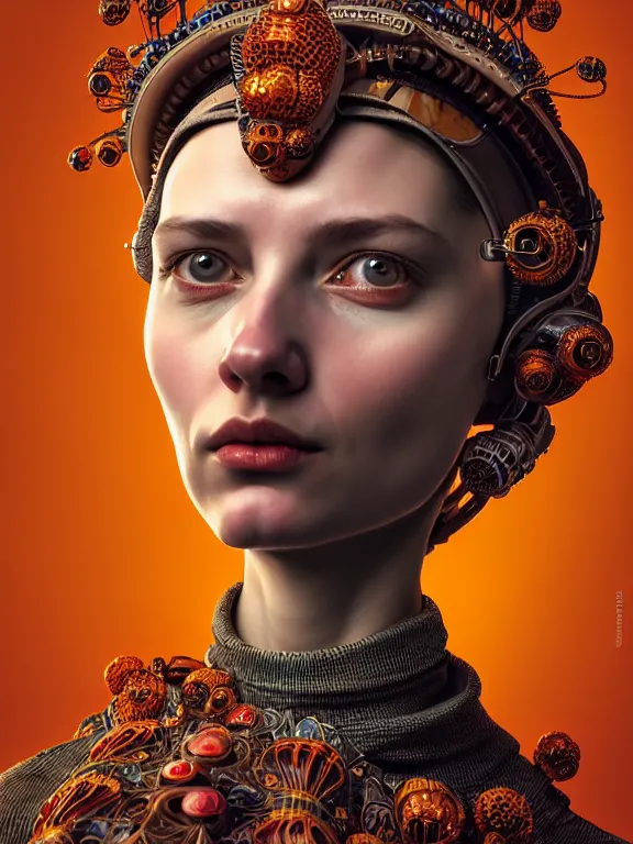 Image similar to colour caravaggio style photography of highly detailed beautiful woman with 1 0 0 0 years perfect face and wearing detailed ukrainian folk costume designed by taras shevchenko also wearing highly detailed retrofuturistic sci - fi neural interface designed by josan gonzalez. many details in style of josan gonzalez and mike winkelmann and andgreg rutkowski and alphonse muchaand