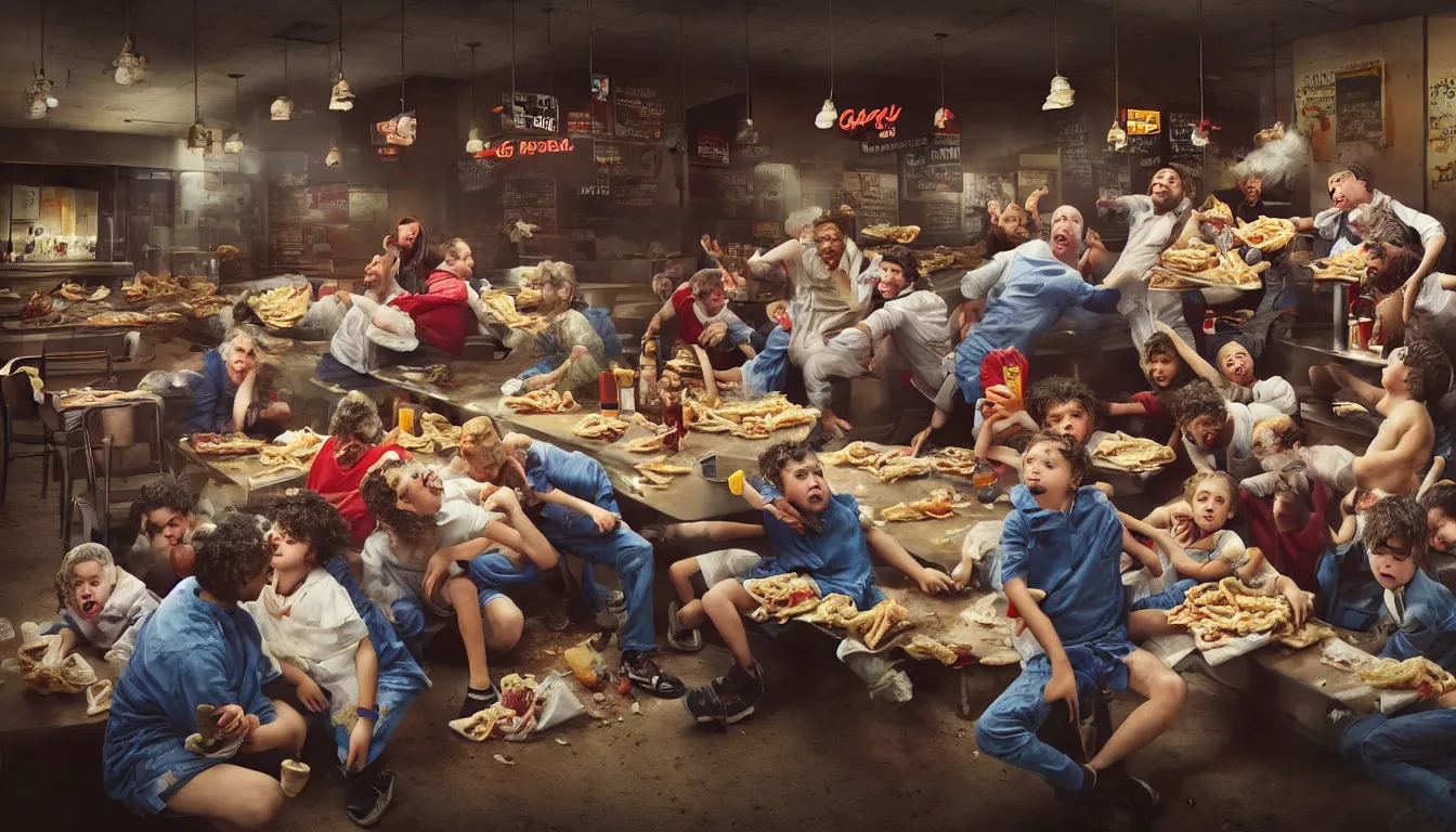 Prompt: in a dirty fast food restaurant disheveled children in rags obese men in suits and old people fighting over piles half eaten rotting fast food, money floats in the air, hyper realistic photo, full colour, upscale, 8 k, masterpiece,