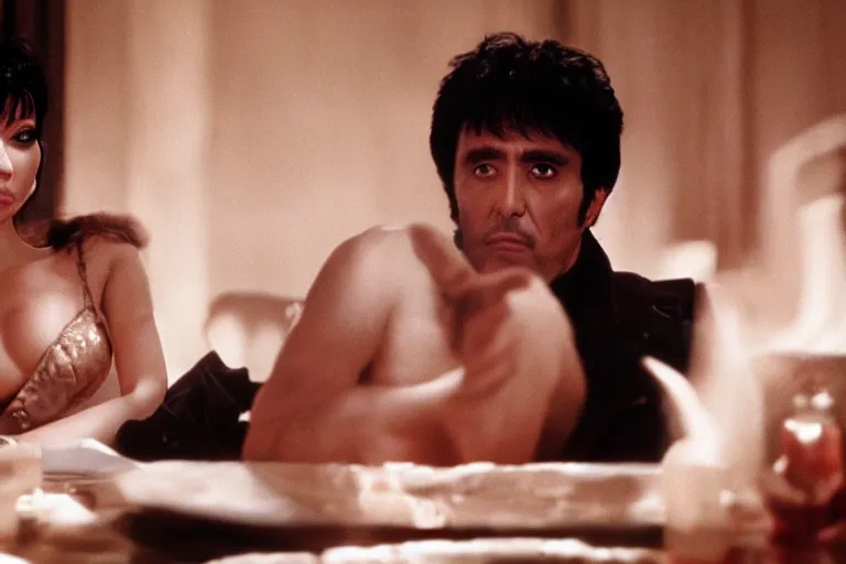 Image similar to morning light, highly detailed portrait of tony montana with elvira in his luxurious houseis atmospheric lighting, masterpiece, award winning by Emmanuel Lubezki