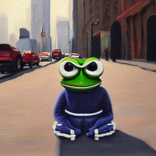 Image similar to pepe the frog is depressed on the streets of new york city, oil painting, realism, high quality, detailed, 4 k