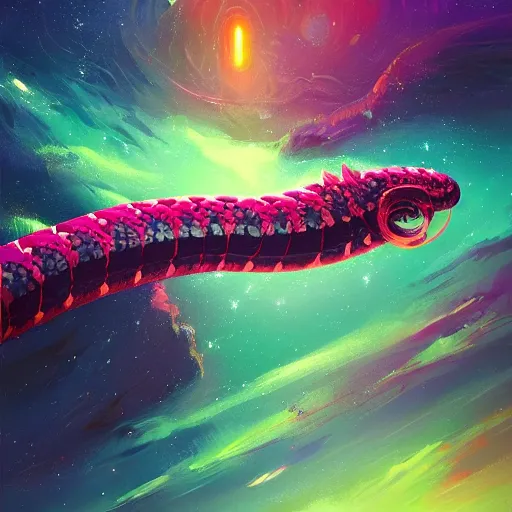 Image similar to a detailed painting of a long space snake serpent floating in space in a sea of colorful sea of stars, by alena aenami, petros afshar and greg rutkowski trending on artstation, deviantart, dragon scales, wyrm, wyvern, dragon, stars
