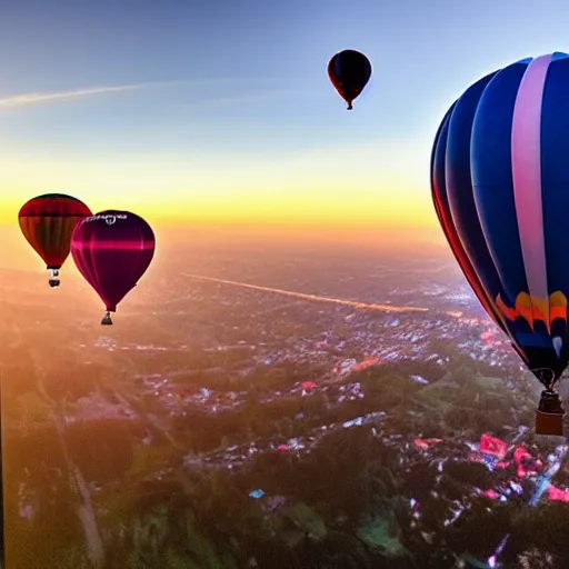 Prompt: panoramic picture taken with a wide angle lens from the top of a high mountain. hundreds of brightly coloured hot air balloons are floating in the sky. picture taken at sunset. simon stalenhag style, extremely detailed scenic, impressive lighting