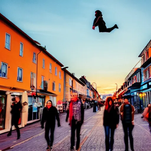 Image similar to people start to levitate into the sky while walking down seaside town street at dusk, warm colours, street photography