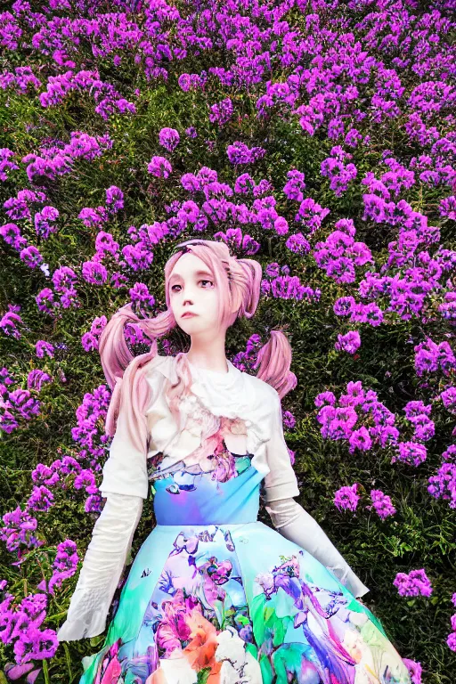 Image similar to runaway cybernetic floral fashion teen girl in patterned dresses antediluvian subtle cosplay zine beautiful photography, ghibli akira xenogears ethereal heavenly realistic fashion zine