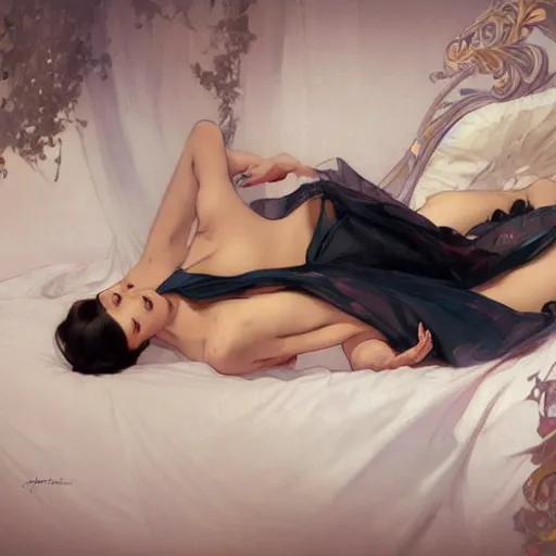 Prompt: a beautiful woman, ornately dressed, in a full body gown, lying upside down on a bed of pillows, portrait, digital painting, by artgerm, greg rutkowski, alphonse mucha, 3 d,