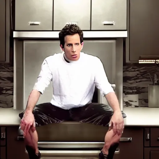 Image similar to dennis reynolds, sitting on a throne in a kitchen, cinematic style