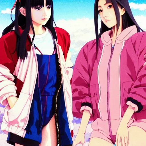 Image similar to a beautiful japanese natalie portman gravure model, wearing oversized native designer bomber jacket and leotard with overalls, bulky poofy bomber jacket with mesoamerican patterns, mesoamerican native street fashion, gapmoe yandere grimdark, trending on pixiv fanbox, painted by greg rutkowski makoto shinkai takashi takeuchi studio ghibli, akihiko yoshida