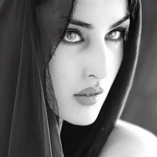 Prompt: young arab Monica Bellucci, blue eyes, white veil, closeup, focus