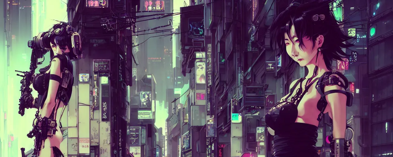 Image similar to hyper - realistic cyberpunk portrait of beautiful! anime woman standing on tokyo street, extreme detail, alluring, in style of yoji shinkawa, pan ren wei, col price, atey ghailan, by greg rutkowski, by greg tocchini, by james gilleard, by joe fenton, by kaethe butcher, grunge aesthetic