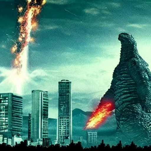 Image similar to meteor colliding with tokyo with godzilla watching