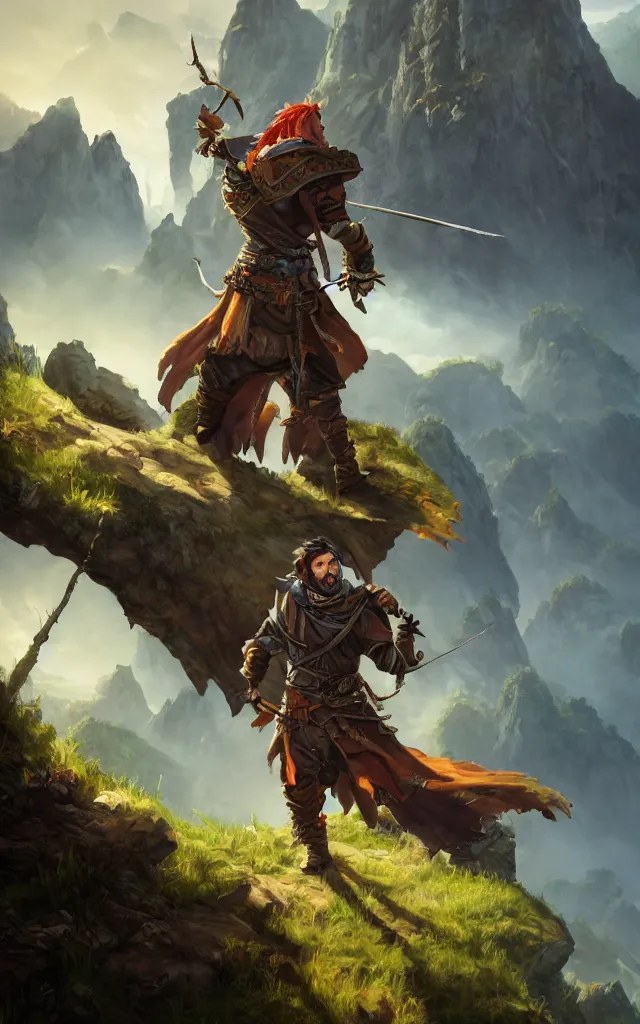 Image similar to an oil art painting of young handsome fool adventurer, grim gwent card, gipsy mage adventurer character design from inquisition, climbing up a cliffside, 4 k, ultra detail, volumetric lighting, unreal engine, octane render