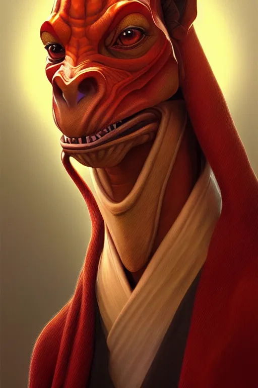 Prompt: a portrait of jar jar binks, fantasy, sharp focus, intricate, elegant, digital painting, artstation, matte, highly detailed, concept art, illustration, ambient lighting, art by ilya kuvshinov, artgerm, alphonse mucha, and greg rutkowski