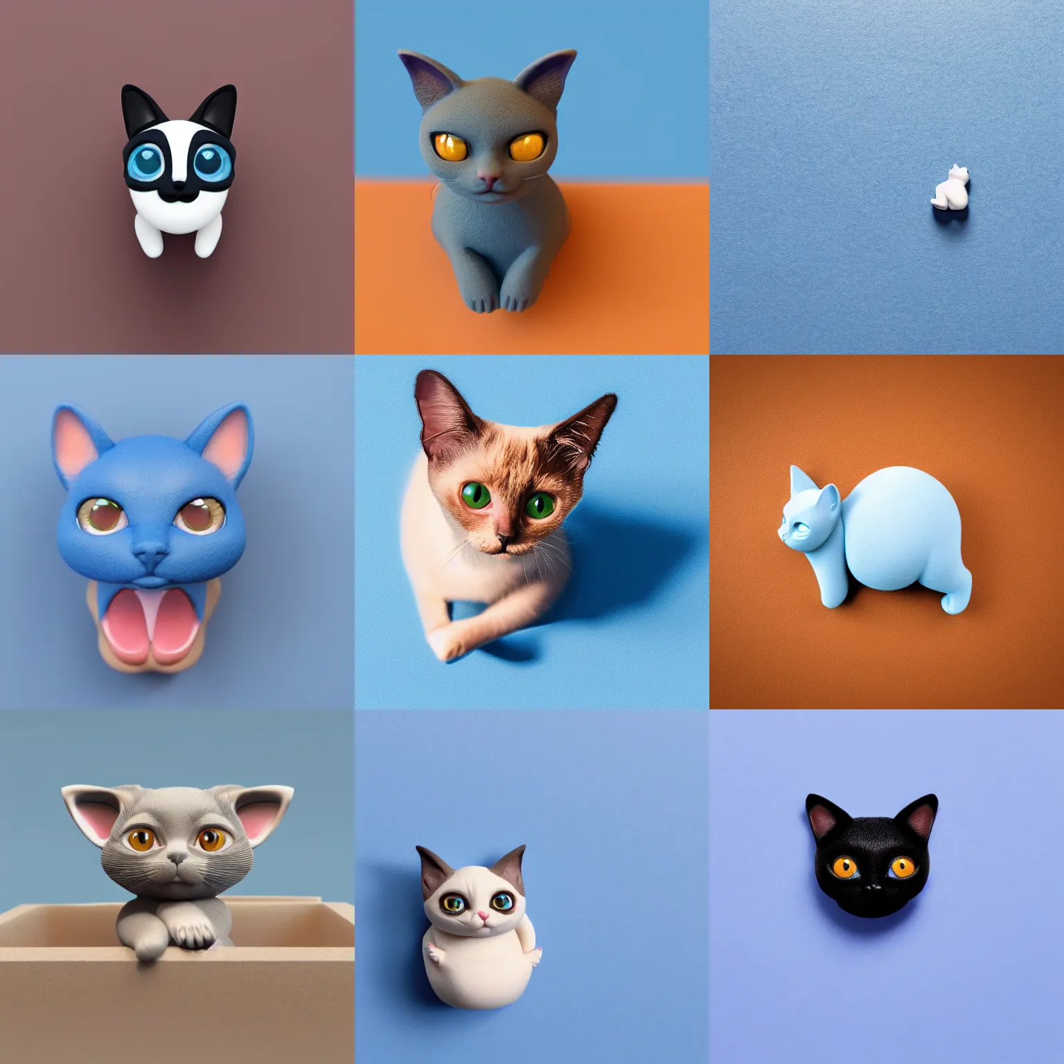 Prompt: Very tiny siamese cat that looks like a iOS emoji 3D clay render, 4k UHD, light blue background, isometric top down left view, diffuse lighting, zoomed out very far