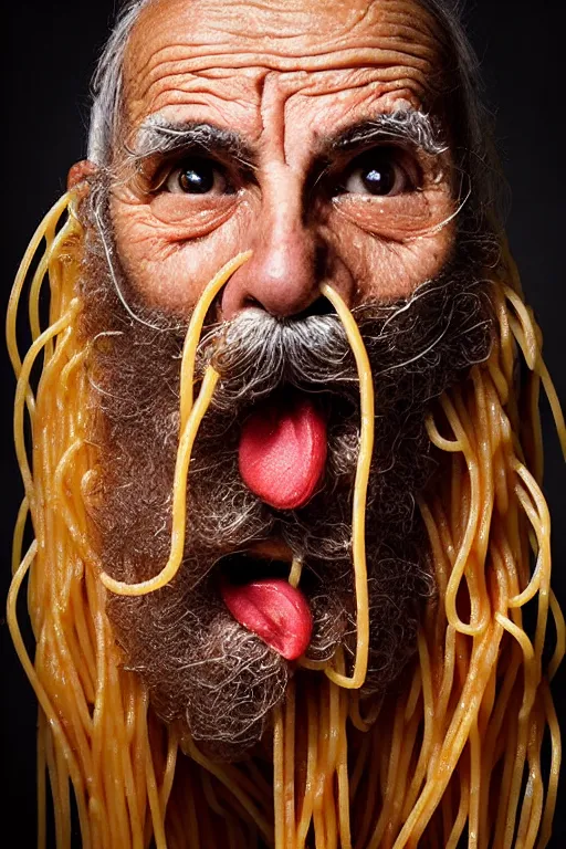 Prompt: extremely detailed portrait of old italian cook, spaghetti mustache, slurping spaghetti, spaghetti in the nostrils, spaghetti hair, spaghetti beard, huge surprised eyes, shocked expression, scarf made from spaghetti, full frame, award winning photo by jimmy nelson