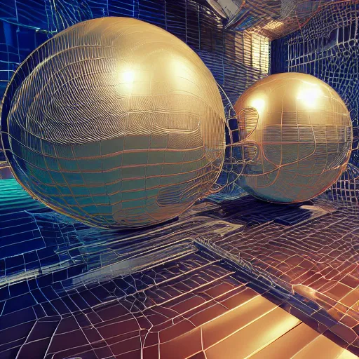 Image similar to abstract intertwining hyper detailed hardsurface modelled 3 d geometry, in the distance is a tarnished gold sphere, depth, wide angle, insanely detailed and intricate,, teal, gold, silver red, paradise hospital environment unreal engine