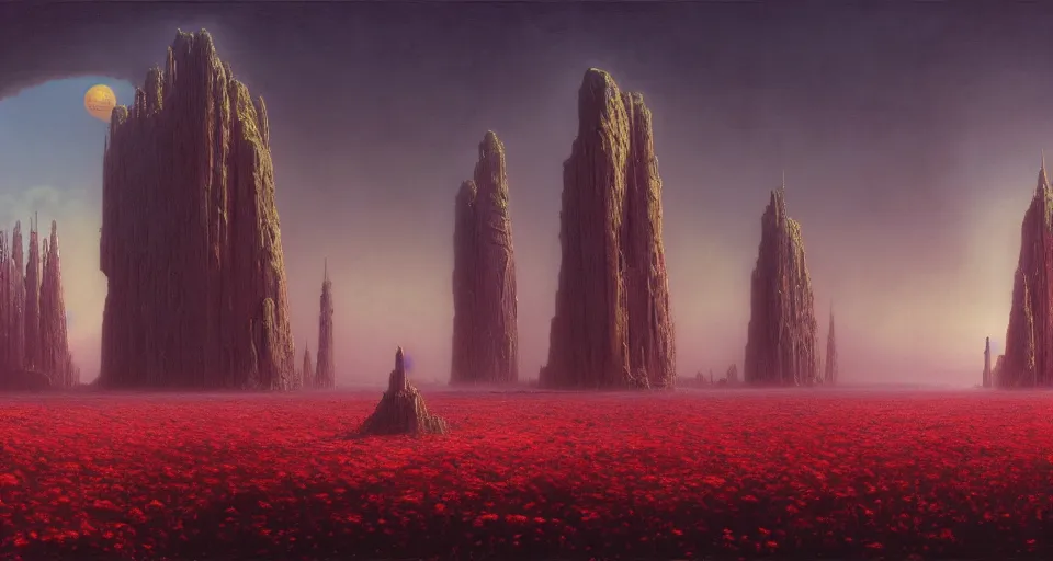 Prompt: a cinematic view ofnokron, eternal city, elden ring, harold newton, zdzislaw beksinski, donato giancola, warm coloured, gigantic pillars and flowers, maschinen krieger, beeple, star trek, star wars, ilm, atmospheric perspective