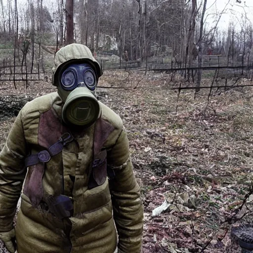 Image similar to russian soldiers in gas masks found the last surviving ukrainian after a nuclear war