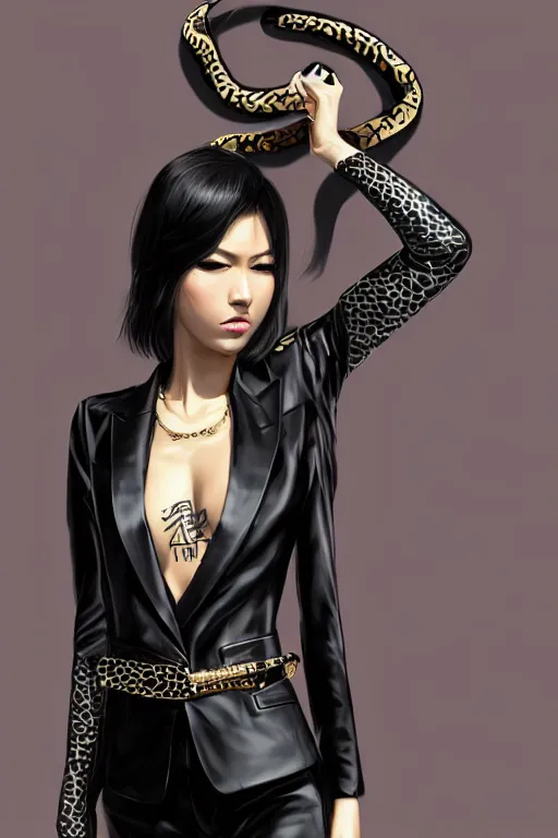 Image similar to yakuza slim girl, gold suit jacket in snake print, jacket over bare torso, yakuza tattoo on body, black short curtain haircut, black leather pants with black belt, portrait, elegant, 2d, ultra highly detailed, digital painting, smooth, sharp focus, artstation, art by Ilya Kuvshinov, rossdraws