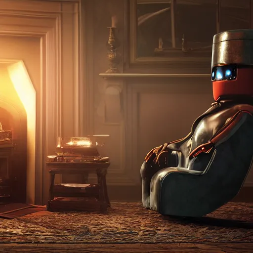 Image similar to Lonely and depressed robot reclining on a fainting couch in front of a cozy fire in a large fireplace in a Victorian home in the future, octane render, extremely detailed, cinematic lighting, 8k, lens flare, cinematic movie photograph, closeup portrait, trending on artstation, cgsociety, award-winning art, by Simon Stalenhag