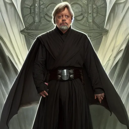 Image similar to Mark Hamill as a Sith Lord, western, D&D, fantasy, intricate, elegant, highly detailed, digital painting, artstation, concept art, matte, sharp focus, illustration, art by Artgerm and Greg Rutkowski and Alphonse Mucha