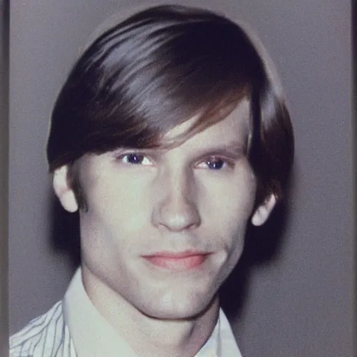 Image similar to A photograph portrait of Jerma985 with short-medium length hair a combover wearing early 1970s menswear in the early 1970s, taken in the early 1970s, grainy, taken on a 1970s Polaroid Camera, realistic, hyperrealistic, very realistic, highly detailed, very detailed, extremely detailed, detailed, digital art, trending on artstation, colorized photo