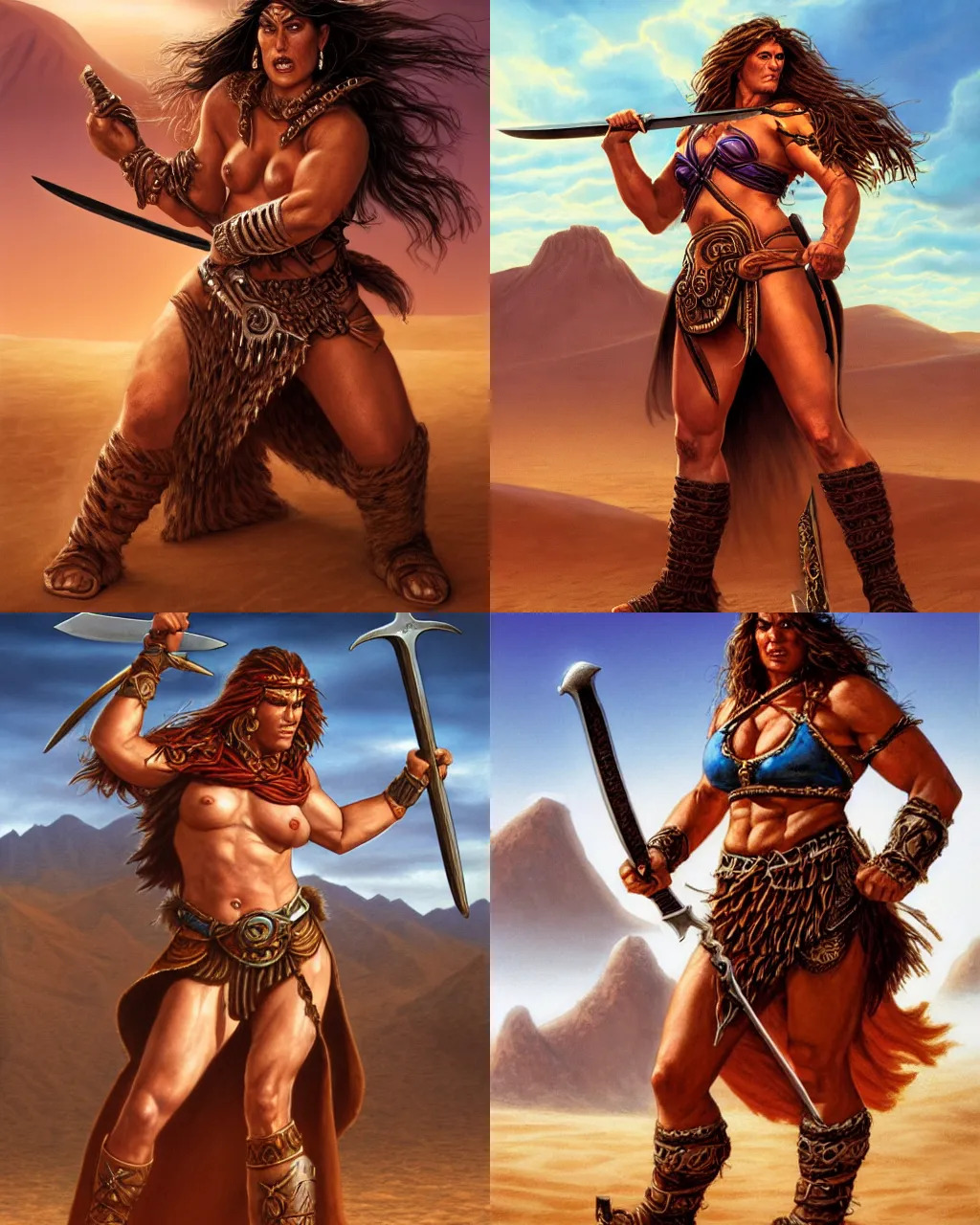 Prompt: big and strong barbarian woman wielding a sword, in the desert, by jeff easley and larry elmore, hyperrealistic, highly detailed, soft lighing, spellfire, sharp focus, cinematic lighting, artstation, powerful presence