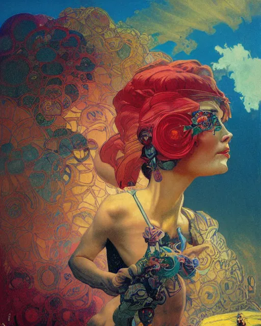 Image similar to rainbow flowerpunk portrait of a strict matriarch, on an aircraft, by paul lehr, beksinski, jesper ejsing, alphonse mucha