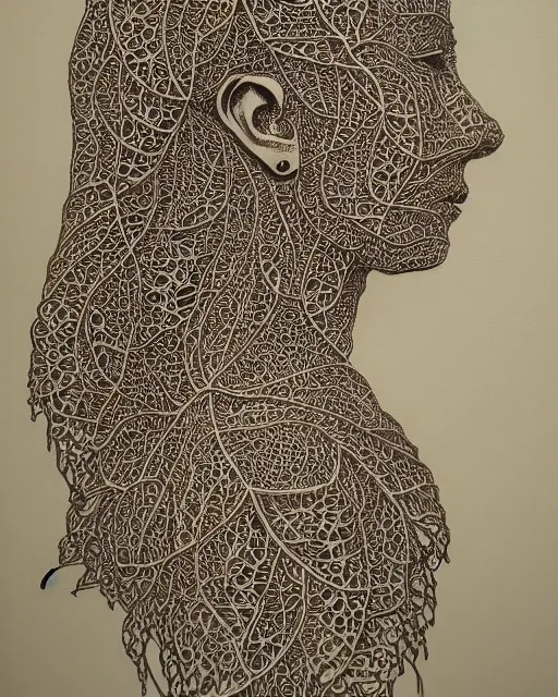 Image similar to a woman's face in profile, made of intricate decorative lace leaves, in the style of casey weldon