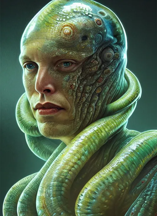 Image similar to elon musk as slimy mollusk, drool, portrait, intricate, elegant, highly detailed, digital painting, artstation, concept art, wallpaper, smooth, sharp focus, illustration, art by h. r. giger and artgerm and greg rutkowski and alphonse mucha