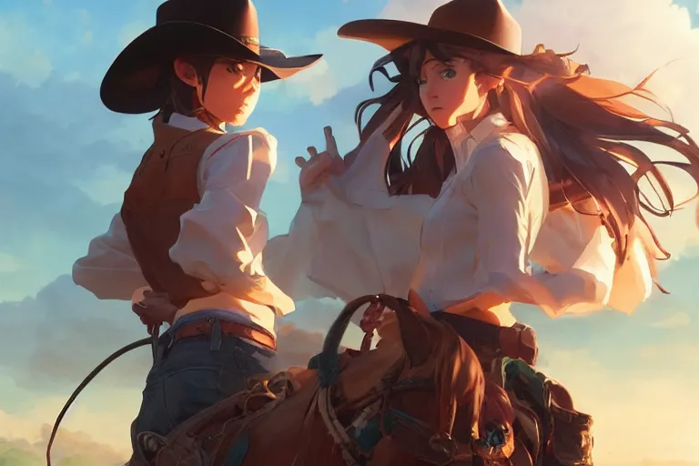 Image similar to western cowgirl, single centered subject, scenic full shot, ambient lighting, detailed face, by makoto shinkai, stanley artgerm lau, wlop, rossdraws