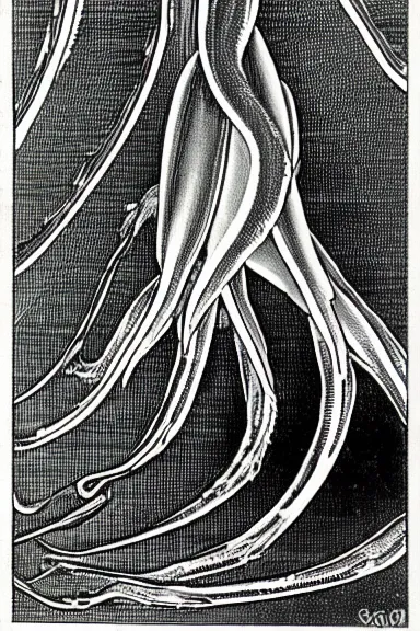 Image similar to A vintage scientific illustration from the 1970s of squid swimming in an endless vortex of squid