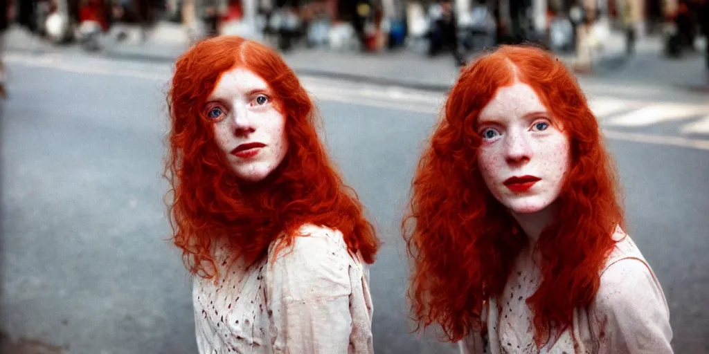 Prompt: a young red haired woman with freckles looks deeply into the camera, 1920's london street, velvia 100, 50mm, f4.0, 1920's style photo