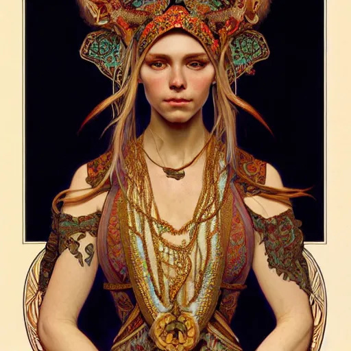 Image similar to a portrait of a female dear hybrid, upper half portrait, decorated with russian motifs, russian shaman, siberia, traditional russia, intricate, elegant, highly detailed, symmetry, headpiece, digital painting, artstation concept art smooth sharp focus, illustration, art by artgerm and greg rutkowski alphonse mucha 8 k