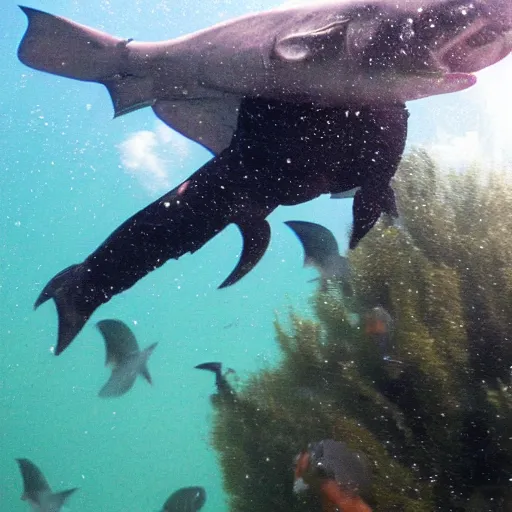 Prompt: boy flying with school of coelacanths