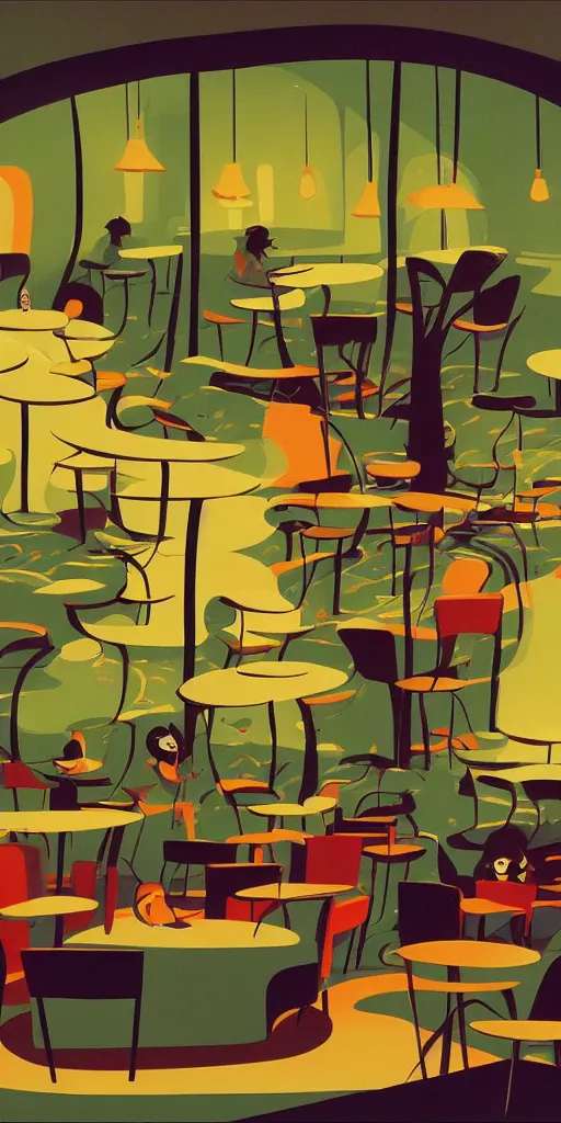 Image similar to cafe interior view, animated film, stylised, illustration, by eyvind earle, scott wills, genndy tartakovski