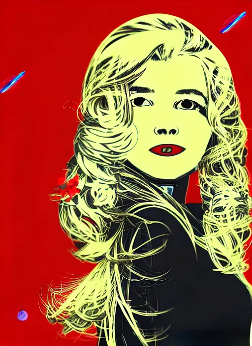 Prompt: highly detailed portrait of a hopeful pretty astronaut lady with a wavy blonde hair, by Andy Warhol, 4k resolution, nier:automata inspired, bravely default inspired, vibrant but dreary but upflifting red, black and white color scheme!!! ((Space nebula background))