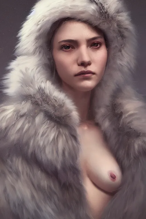 Prompt: A fancy portrait of an attractive women with fur Under garments by Greg Rutkowski, beeple, Sung Choi, Mitchell Mohrhauser, Maciej Kuciara, Johnson Ting, Maxim Verehin, Peter Konig, final fantasy, macro lens , 8k photorealistic, cinematic lighting, HD, high details, dramatic, dark atmosphere, trending on artstation