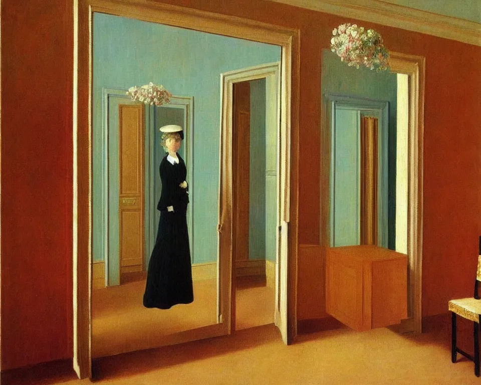 Prompt: achingly beautiful painting of a sophisticated, well - decorated closet by rene magritte, monet, and turner. whimsical.