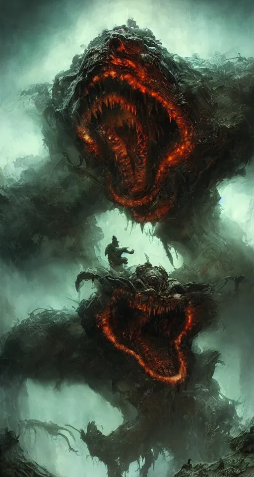 Prompt: a lovecraftian monster descending upon the island of souls, intense fiery eyes, huge teeth, dramatic lighting, cinematic, ultra detail, masterpiece by craig mullins, ruan jia, beksinski, jakub rebelka, android jones