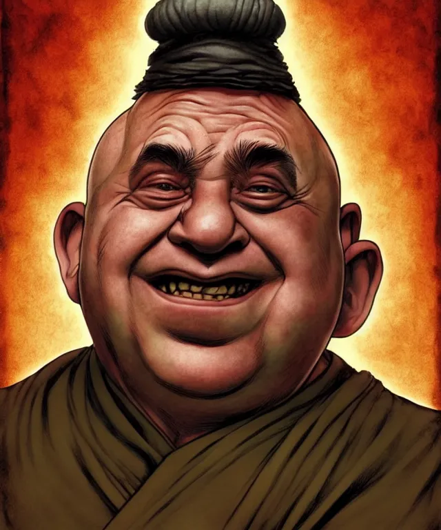 Prompt: a ( fantasy comic ) ( cover art ) portrait of a drunken dwarf monk who looks like ( danny devito in taxi ), digital illustration by jenny frison and sana takeda and kentaro miura, fine inking lines, dnd, highly detailed!, hd, 4 k, trending on artstation