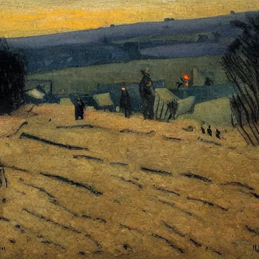 Image similar to frontline near verdun, 1 9 1 6, twilight, by c. r. w. nevinson