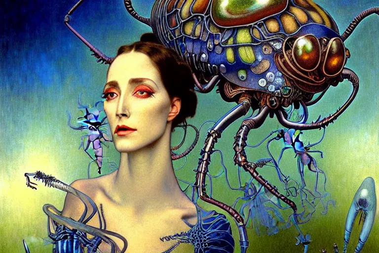 Image similar to realistic extremely detailed portrait closeup painting of a ghost woman with a beetle, futuristic sci-fi landscape on background by Jean Delville, Amano, Yves Tanguy, Alphonse Mucha, Ernst Haeckel, Edward Robert Hughes, Roger Dean, rich moody colours, blue eyes