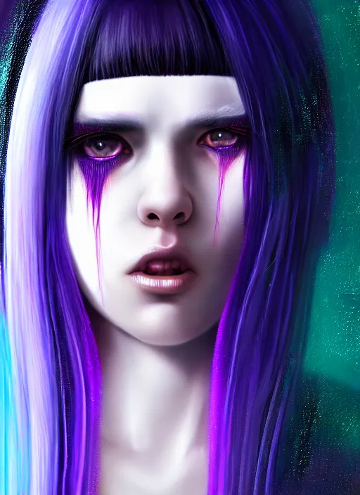 Image similar to hair whitebangs hair, black cyberlox, portrait of teenage girl with white bangs, whitebangsblackhair, messy bangs, cyberlox, whitebangs, red irises, purple clothes, intricate, elegant, glowing lights, highly detailed, digital painting, artstation, concept art, sharp focus, illustration, art by wlop, mars ravelo and greg rutkowski