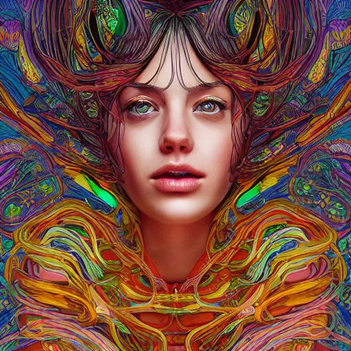 Image similar to the portrait of a ridiculously beautiful and pretty woman partially made of onion rings of all colors looking up, an ultrafine detailed illustration by james jean, final fantasy, intricate linework, bright colors, behance contest winner, vanitas, angular, altermodern, unreal engine 5 highly rendered, global illumination, radiant light, detailed and intricate environment