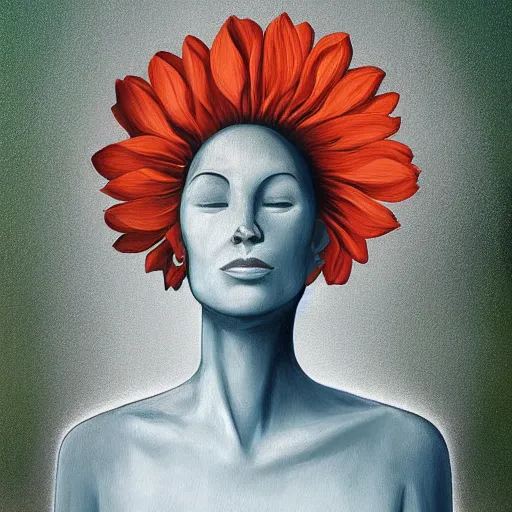 Image similar to huge flower as head, woman standing in a field, surreal, flat light, painting, digital painting, artstation, georgia o'keeffe