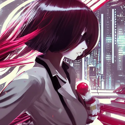 Image similar to Frequency indie album cover, luxury advertisement, white and red colors. highly detailed post-cyberpunk sci-fi close-up schoolgirl in asian city in style of cytus and deemo, mysterious vibes, by Ilya Kuvshinov, by Greg Tocchini, nier:automata, set in half-life 2, beautiful with eerie vibes, very inspirational, very stylish, with gradients, surrealistic, postapocalyptic vibes, depth of filed, mist, rich cinematic atmosphere, perfect digital art, mystical journey in strange world, beautiful dramatic dark moody tones and studio lighting, shadows, bastion game, arthouse