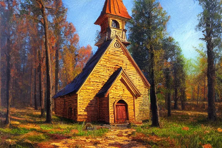 Image similar to wooden church in the forest, very detailed, focused, oil painting, colorful, canvas, artstation, Vsevolod Ivanov