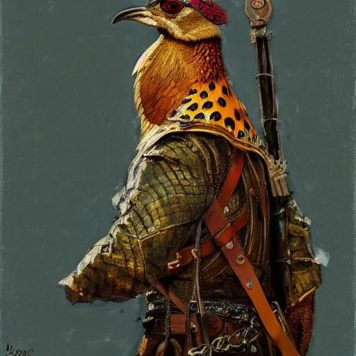 Image similar to a pheasant is girded with a belt, sword on the belt, by lily seika jones , rivuletpaper art, top cinematic lighting, cinematic mood, very detailed, by Viktor Vasnetsov, oil painting, soft style, high resolution, trending on artstation, steps 50