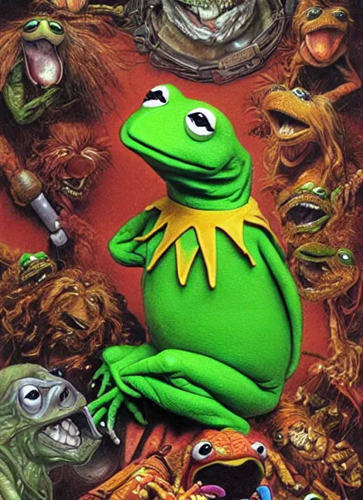 Image similar to portrait of kermit the frog in critters ( 1 9 8 6 ), highly detailed, centered, solid color background, digital painting, artstation, concept art, smooth, sharp focus, illustration, artgerm, donato giancola, joseph christian leyendecker, les edwards, ed repka, greg rutkowski, wlop, artgerm