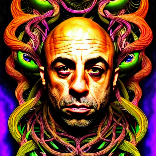 Prompt: an extremely psychedelic portrait of joe rogan as medusa, surreal, lsd, face, detailed, intricate, elegant, lithe, highly detailed, digital painting, artstation, concept art, smooth, sharp focus, illustration